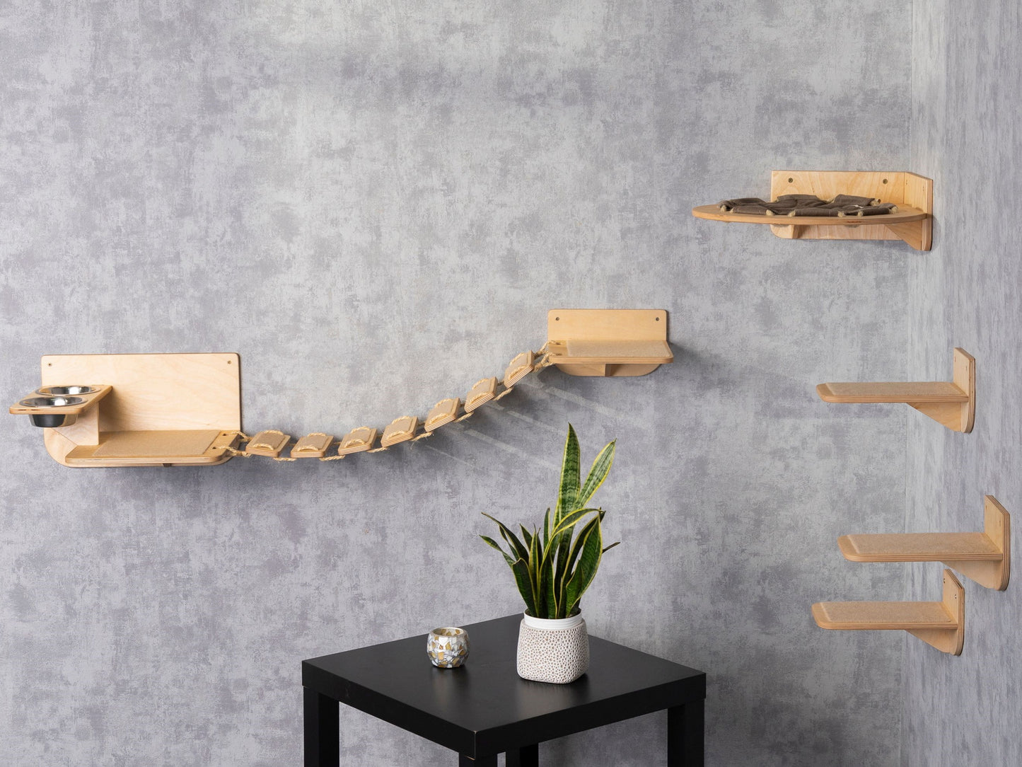cat hammock, donut cat bed, cat steps for wall, wall shelves, cat bridge, cat feeding station, left bowl, color clear