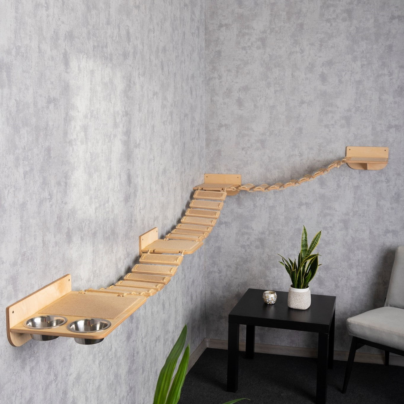 cat wall shelves, cat climbing wall, cat bridge, left bowl