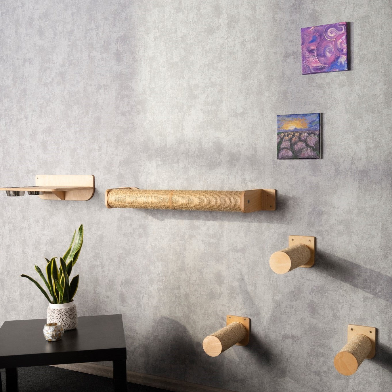 pet supplies, cat shelves wall, cat feeding station, cat walkway, cat steps for wall, cat scratch board