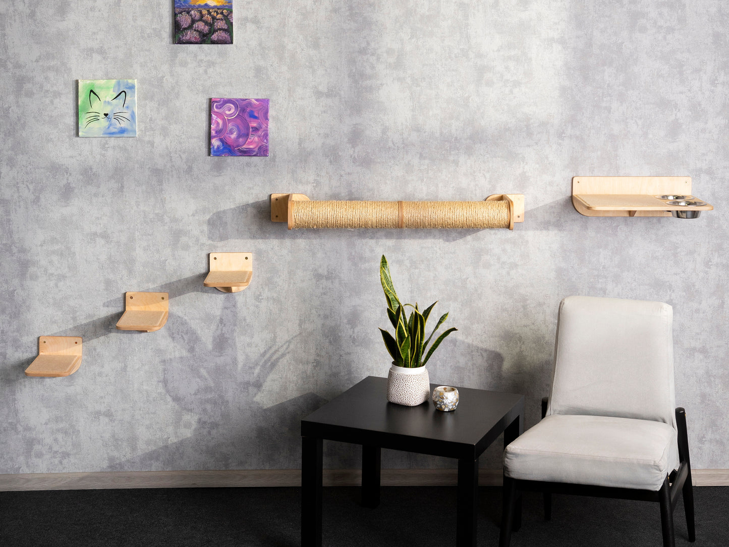cat tower, slow feeder cat bowl, cat playground, cat steps for wall, cat scratcher post, right bowl