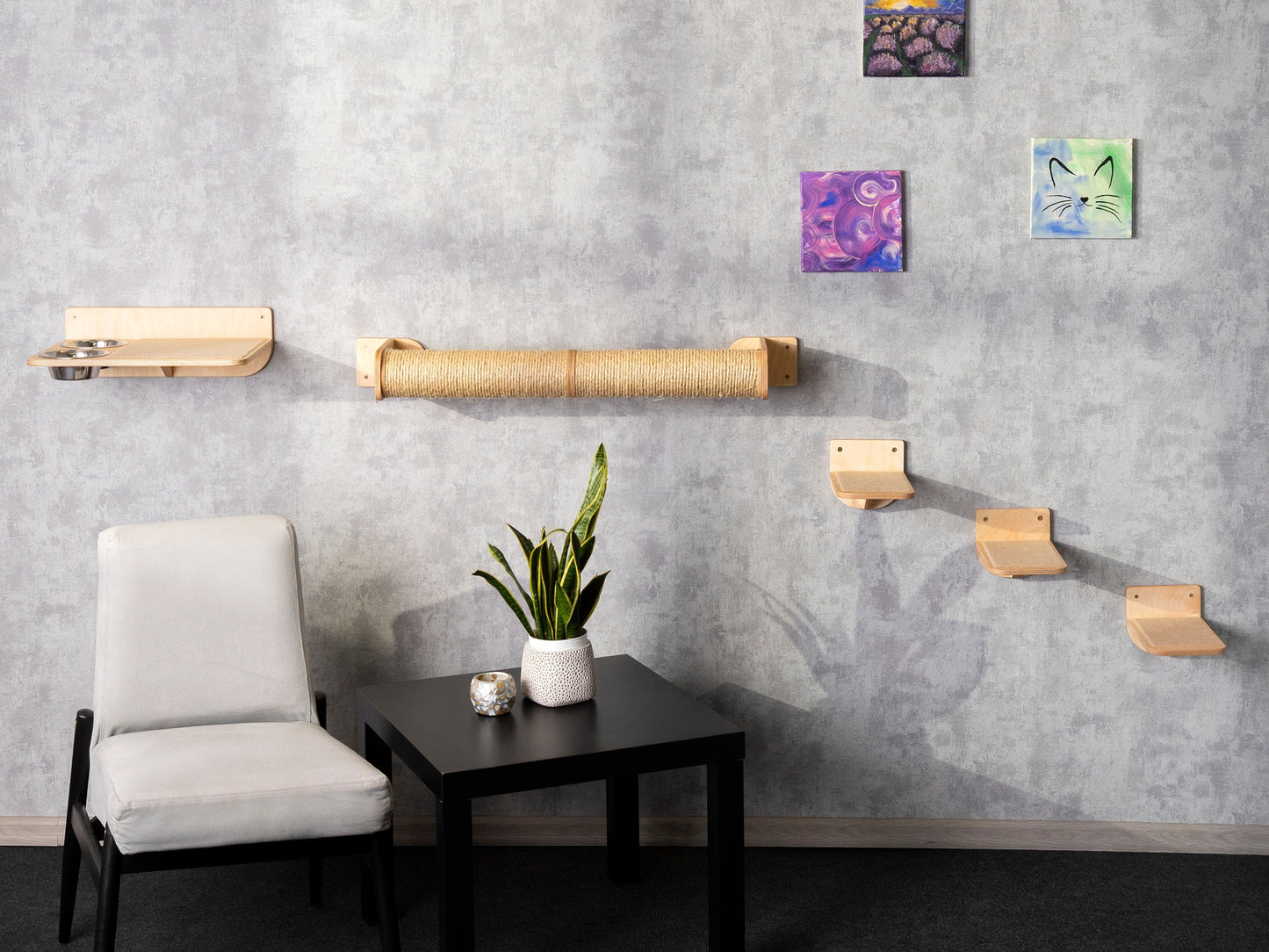 cat tower, slow feeder cat bowl, cat playground, cat steps for wall, cat scratcher post, color clear, left bowl