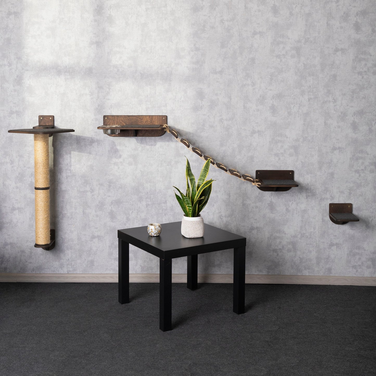 scratching post for cats, cat slow feeder, cat wall shelves, cat walkway, cat bridge, left bowl