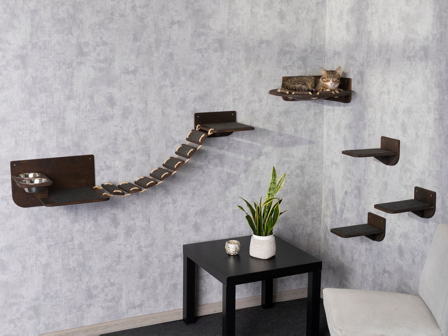 cat wall shelves, cat feeding station, cat hammock, cat steps for wall, cat bridge, left bowl, color wenge