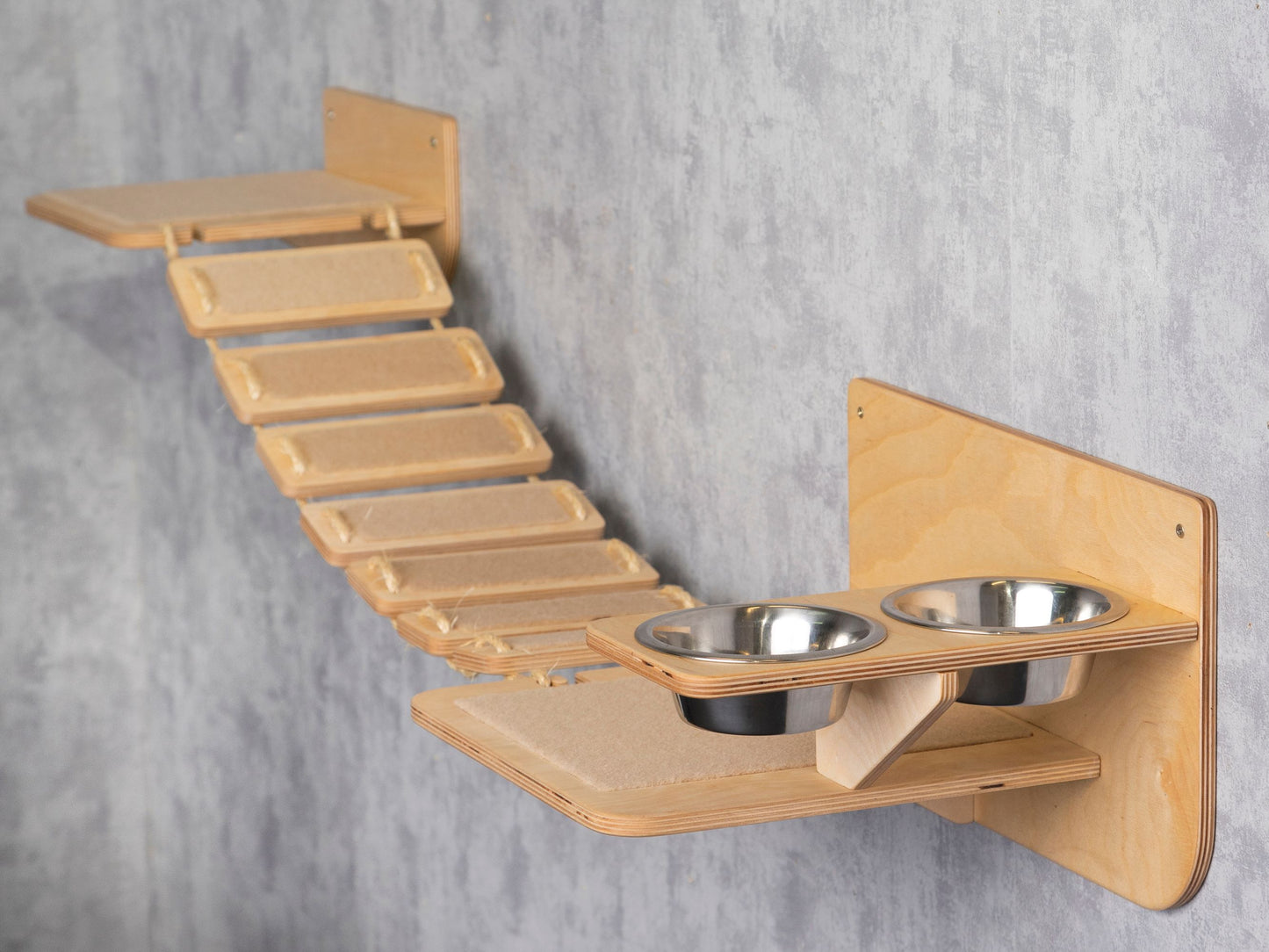 wood cat tower, cat bridge, cat feeding station, floating shelf, ladder shelf, slow feeder cat bowl