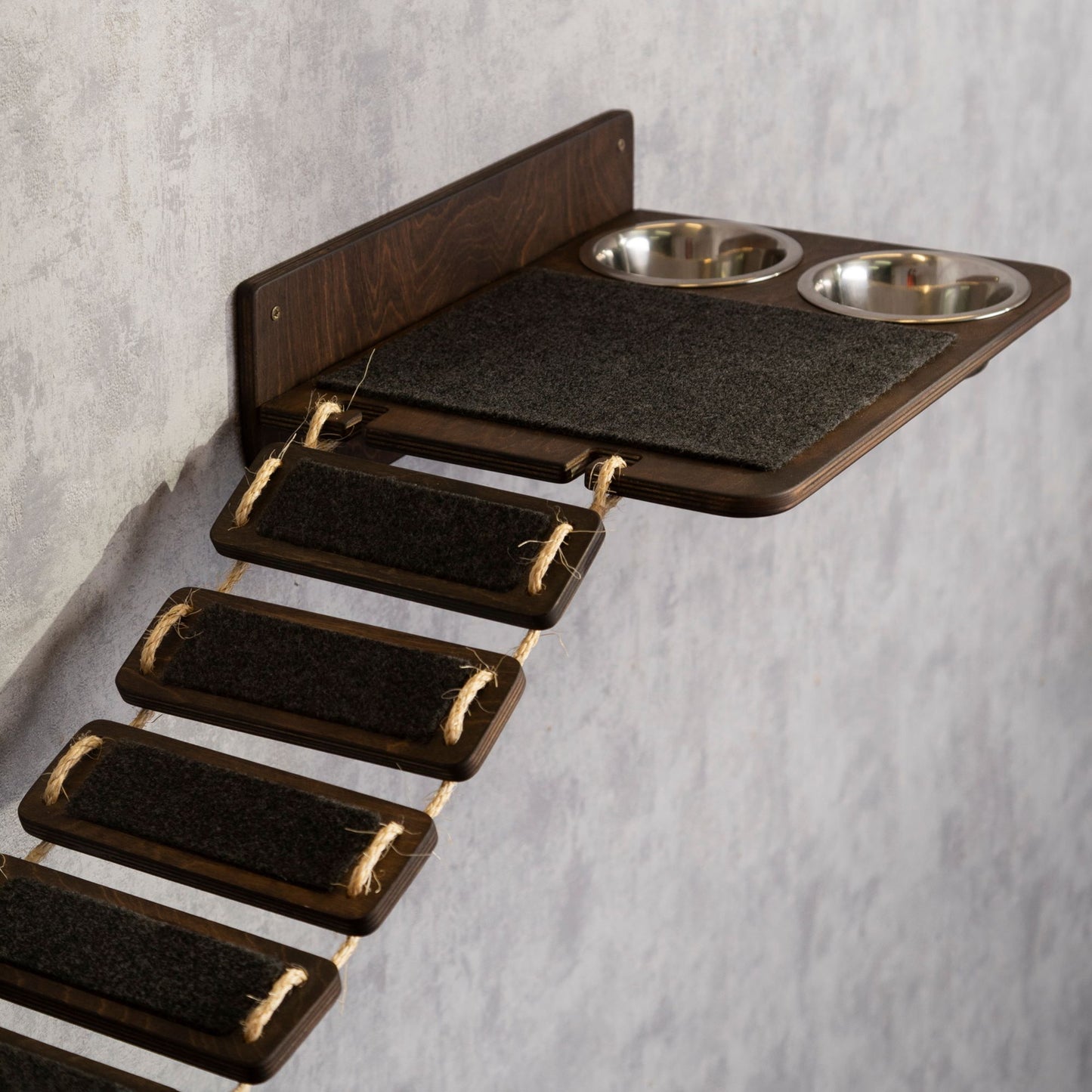 cat feeding station, cat bridge, wall shelves, color wenge