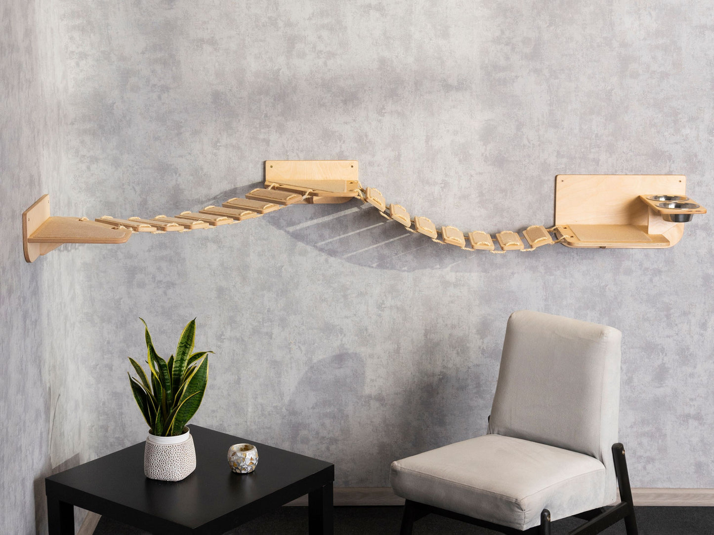 cat furniture - cat feeding station, wall shelves, cat bridge, cat climbing wall