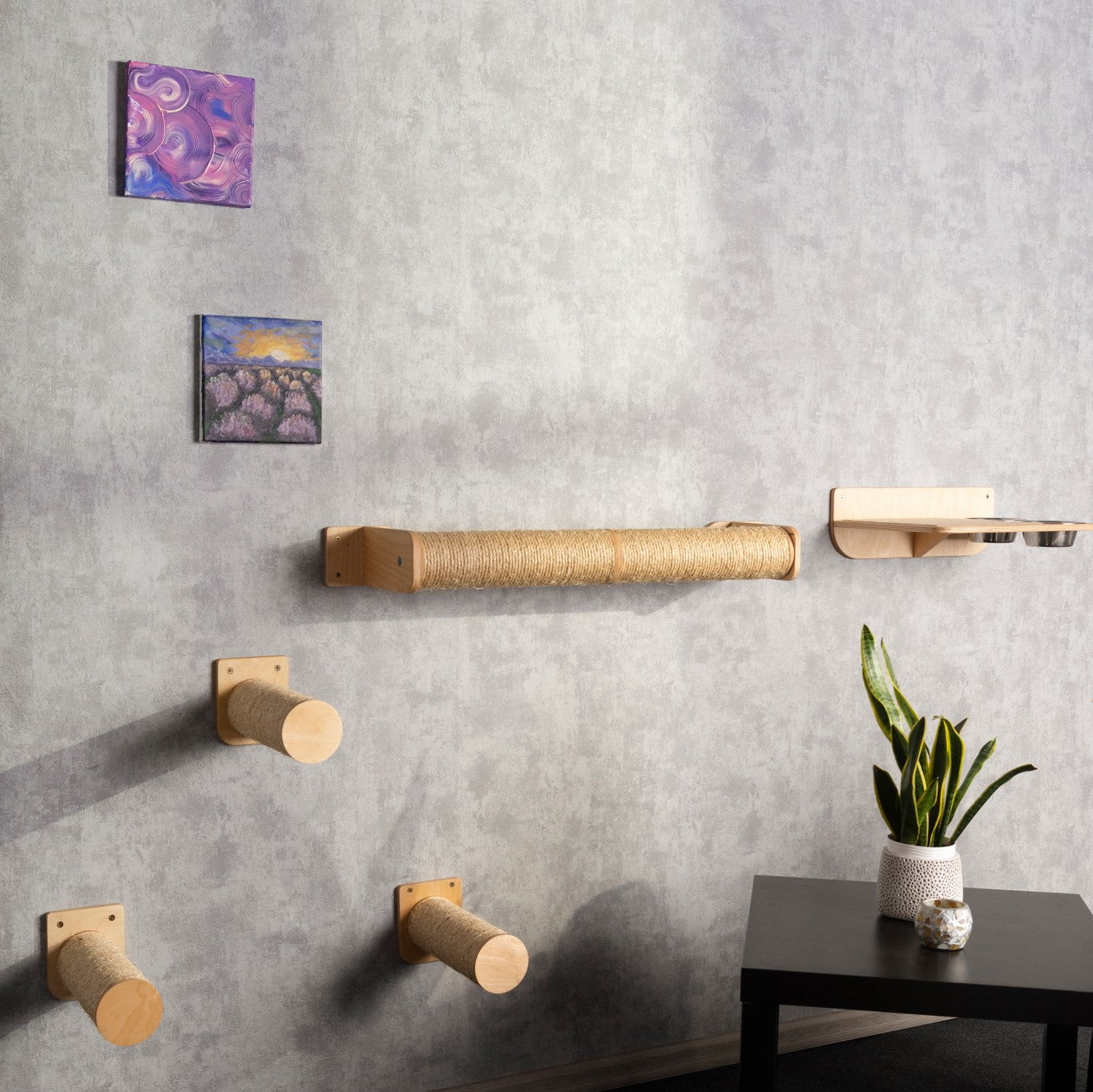 pet supplies, cat shelves wall, cat feeding station, cat walkway, cat steps for wall, cat scratch board, side view