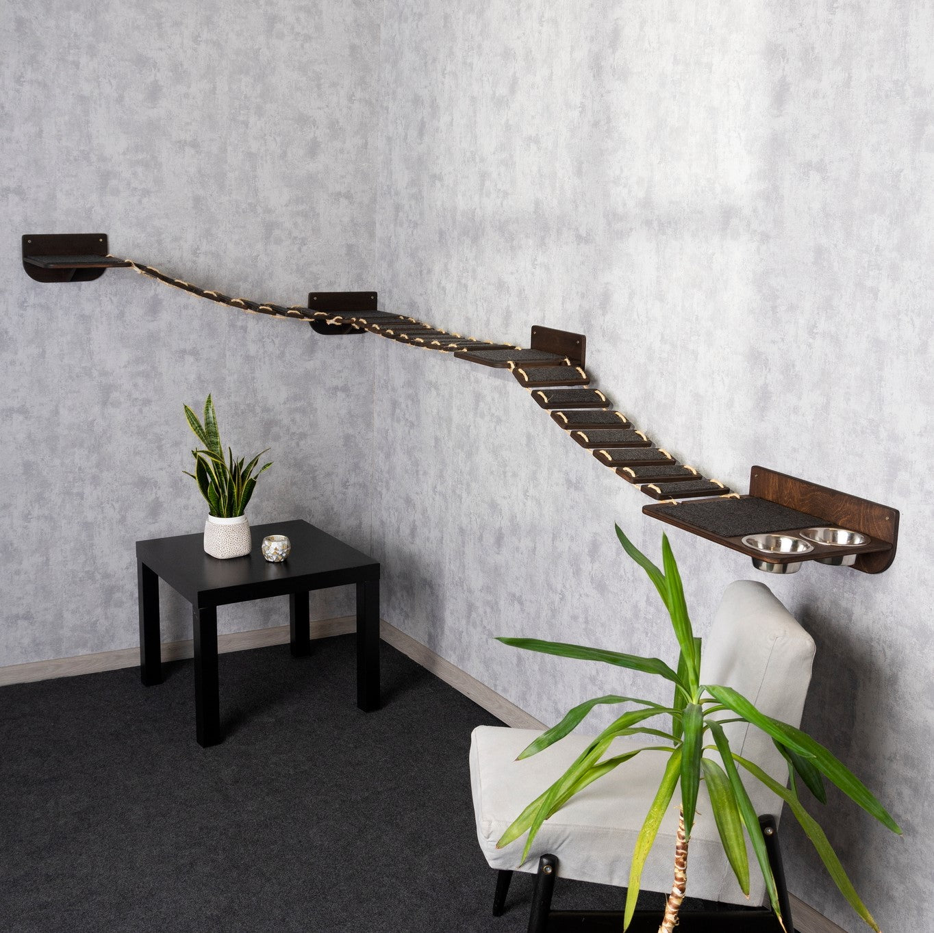 cat feeding station, cat bridge, cat furniture, cat walkway, cat shelves wall