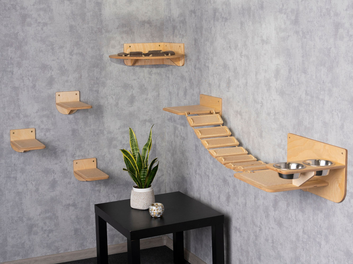 modern cat furniture - cat hammock, best cat bed, cat steps for wall, wall shelves, cat bridge, cat feeding station, slow feeder cat bowl