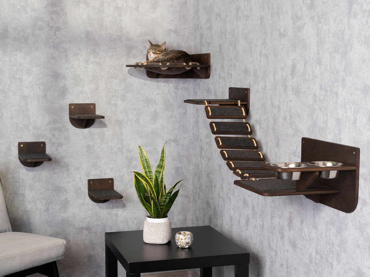 cat tower, pet steps, cat steps for wall, wall shelves, cat bridge, cat hammock, donut cat bed, cat food bowl, cat feeding station