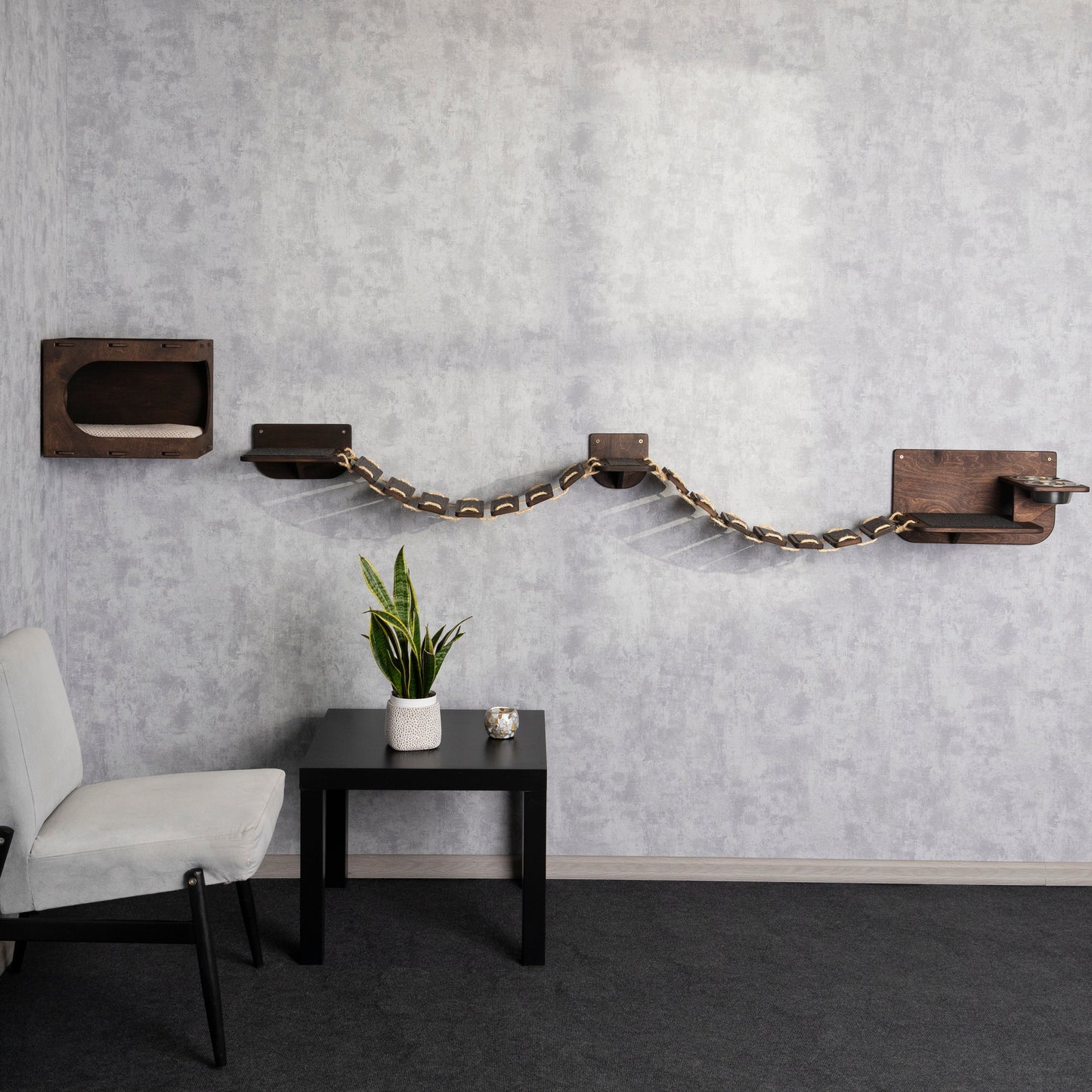 cat feeder, cat house indoor, cat shelves for wall, cat bridge, right bowl, color wenge