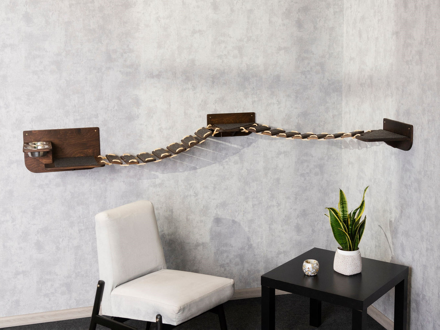cat climbing wall, wall shelves, cat feeder, cat bridges