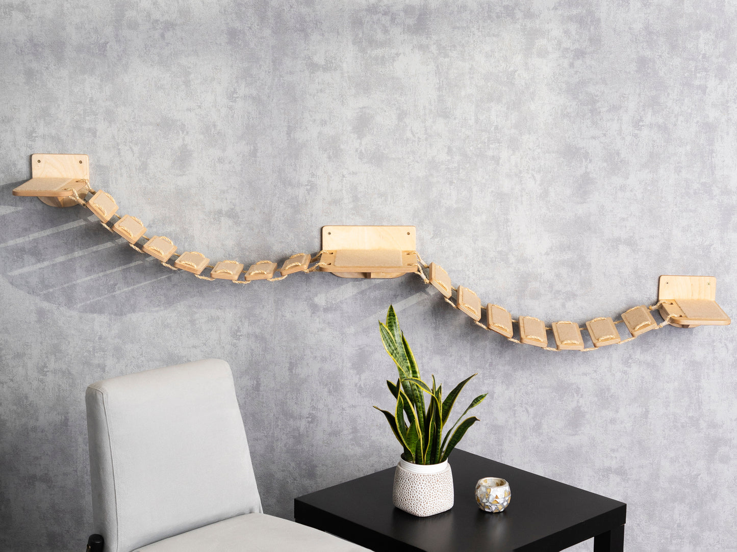 cat bridge, wall shelves, ladder shelf, color clear, frontal view