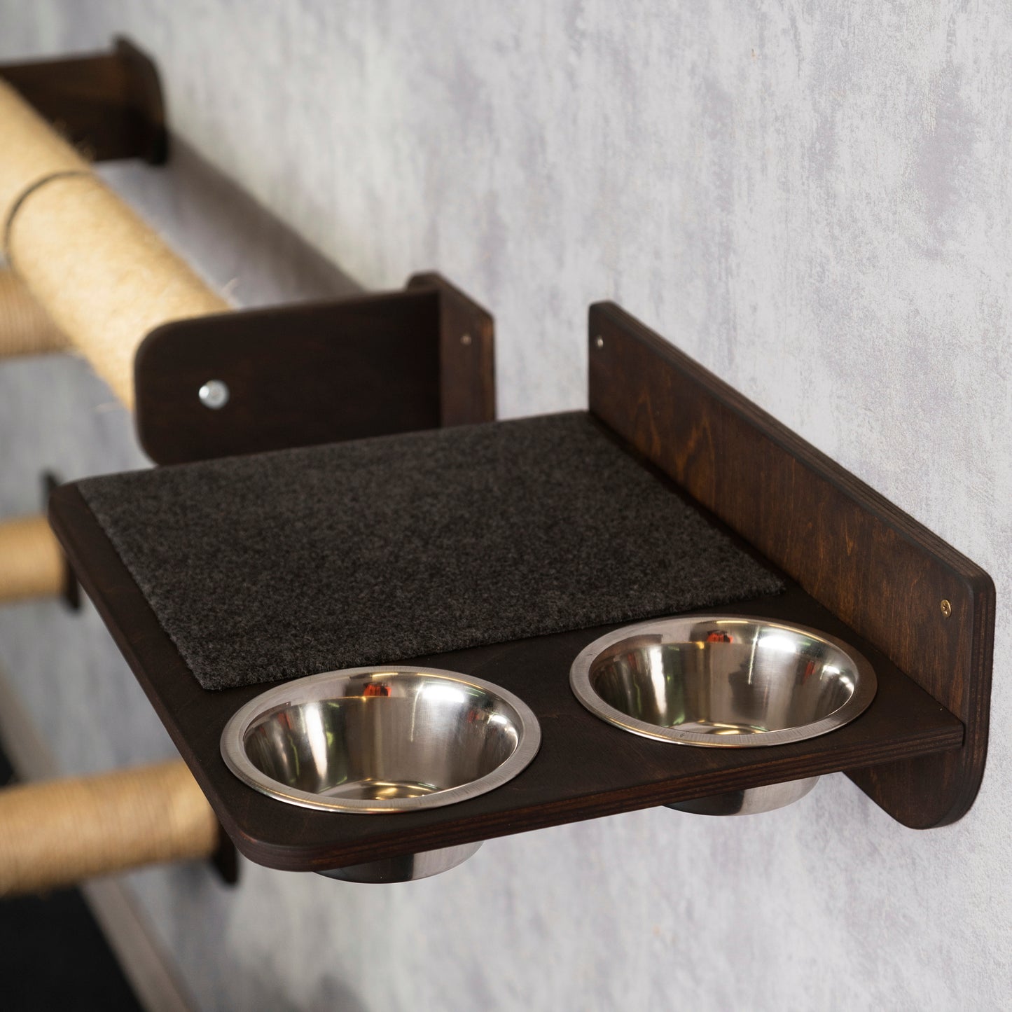 slow feeder cat bowl, cat scratchers, cat walkway, small cat condo, color wenge