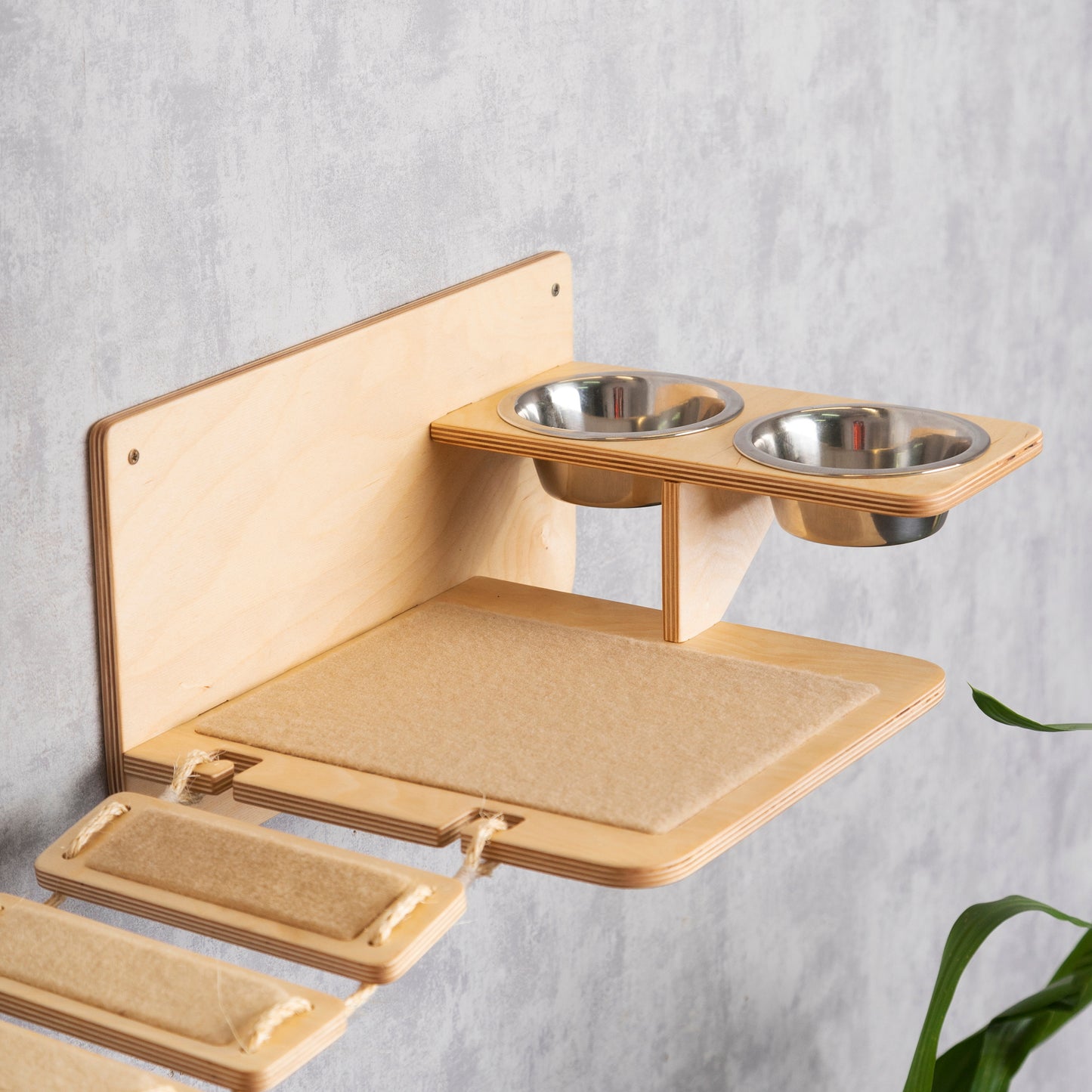cat feeder, slow feeder cat bowl, cat feeding station, cat shelves wall, cat walkway, right bowl, color clear