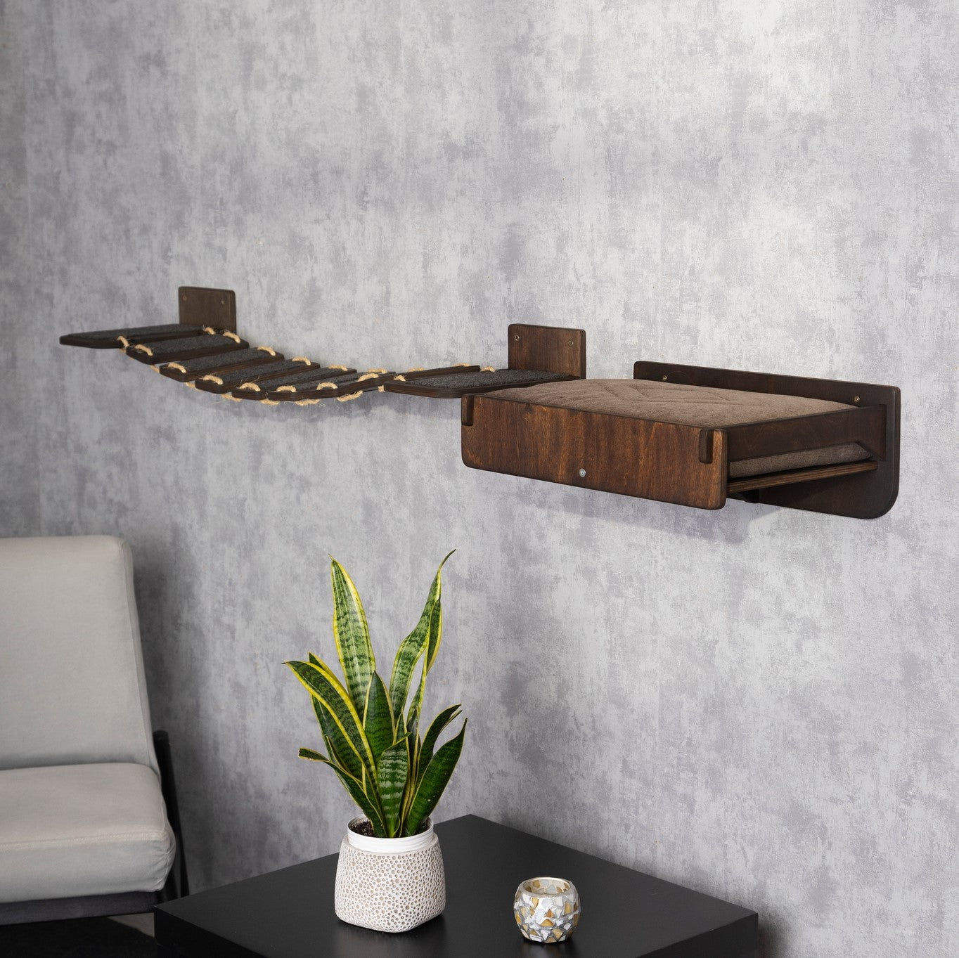 elevated cat bed, cat shelves for wall, cat bridge, side view, color wenge