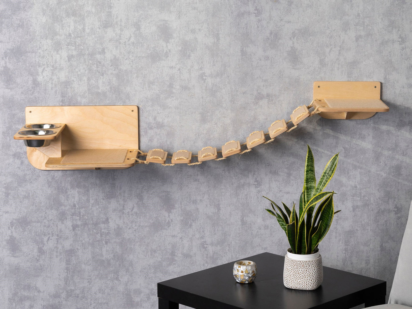 cat wall furniture, cat slow feeder, slow feeder cat bowl, cat wall shelf, cat bridge, left bowl