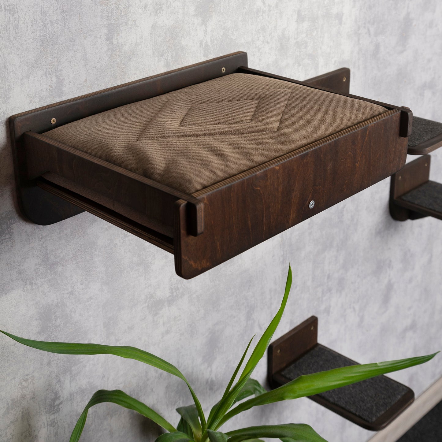 elevated cat bed, cat steps for wall, floating shelf, color wenge, top view