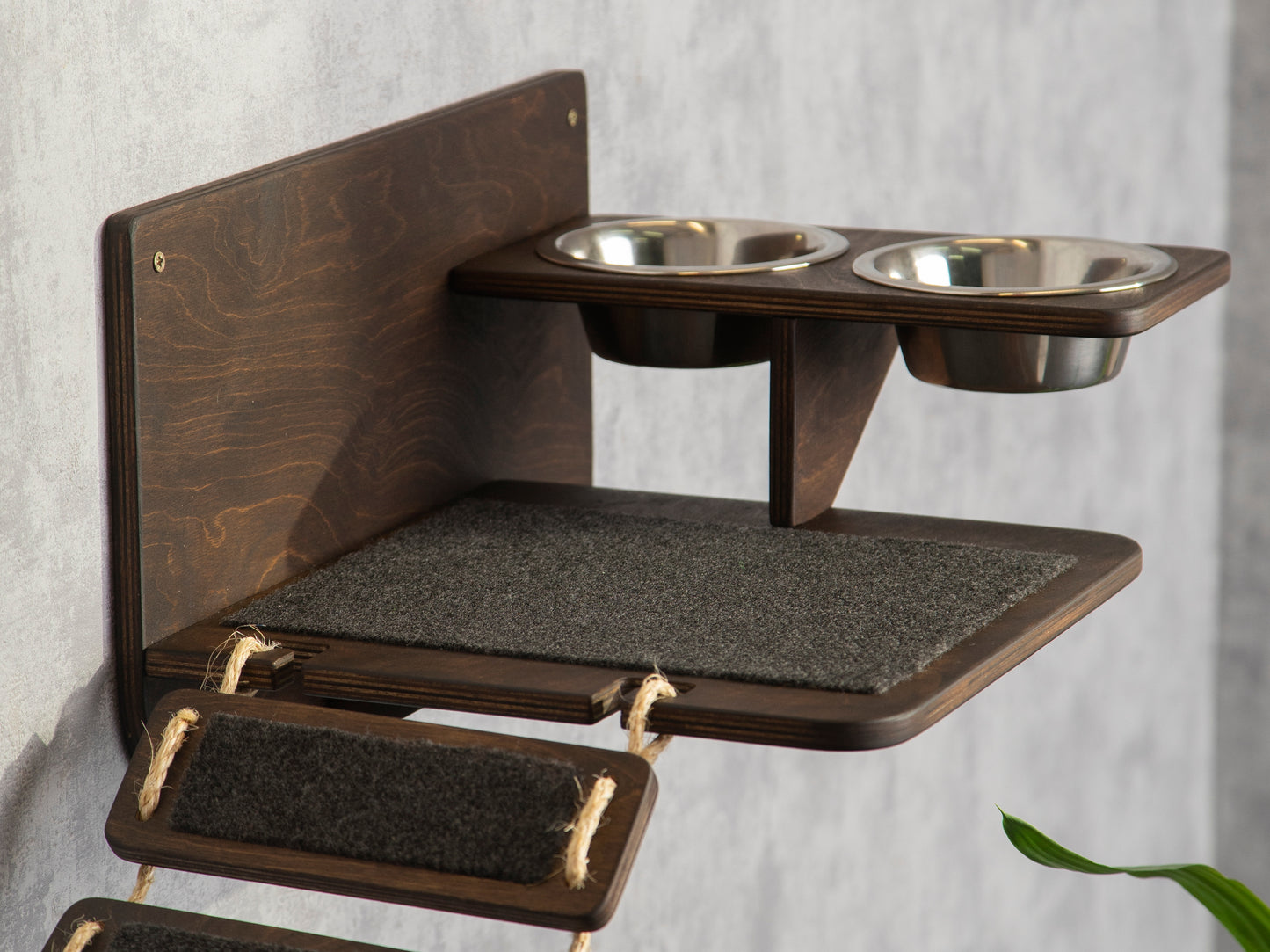 cat wall shelves, cat feeder, cat food and water dispenser, cat food bowl, side view