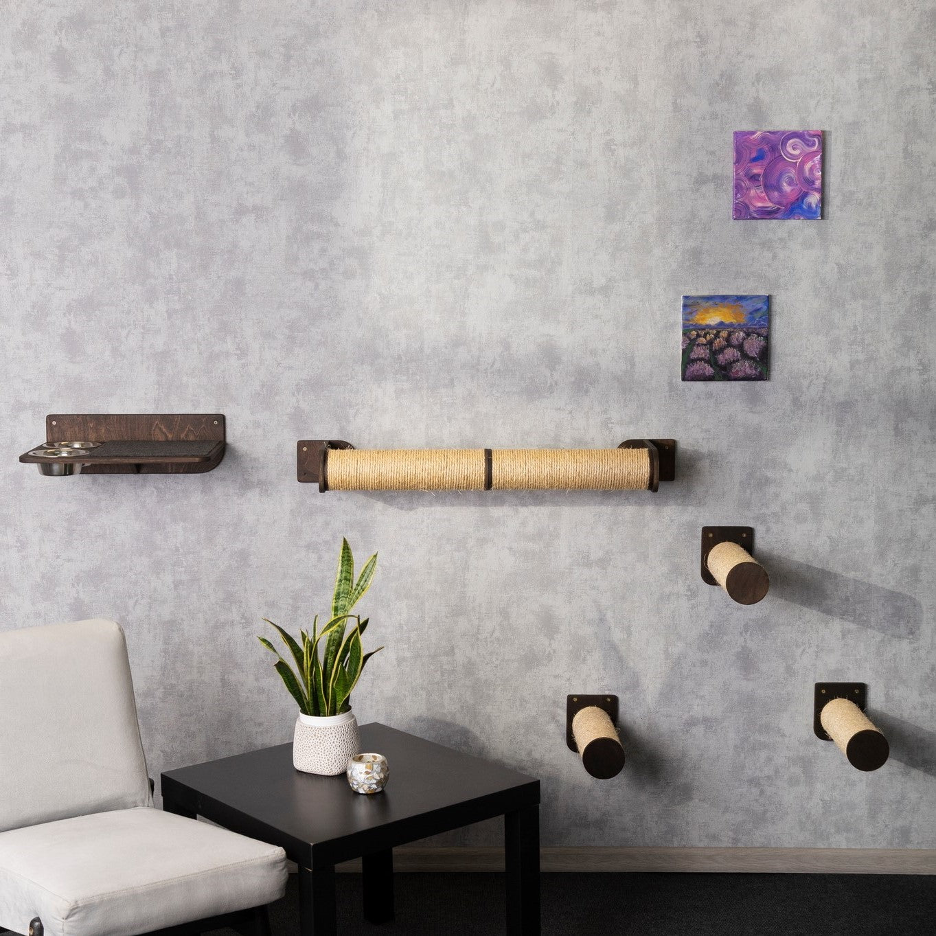 cat wall - cat scratch, cat feeder with stainless steel bowl, cat steps for wall, cat slow feeder