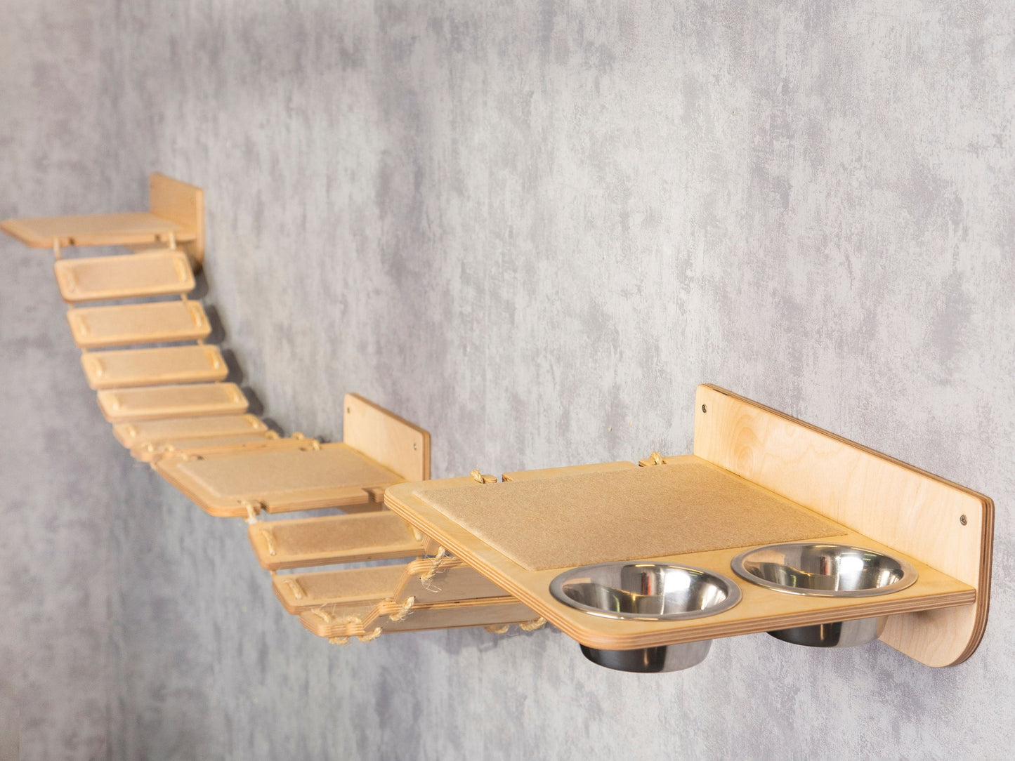 wood cat tower - cat feeding station, cat bridge, wall shelves, cat climbing wall, color clear