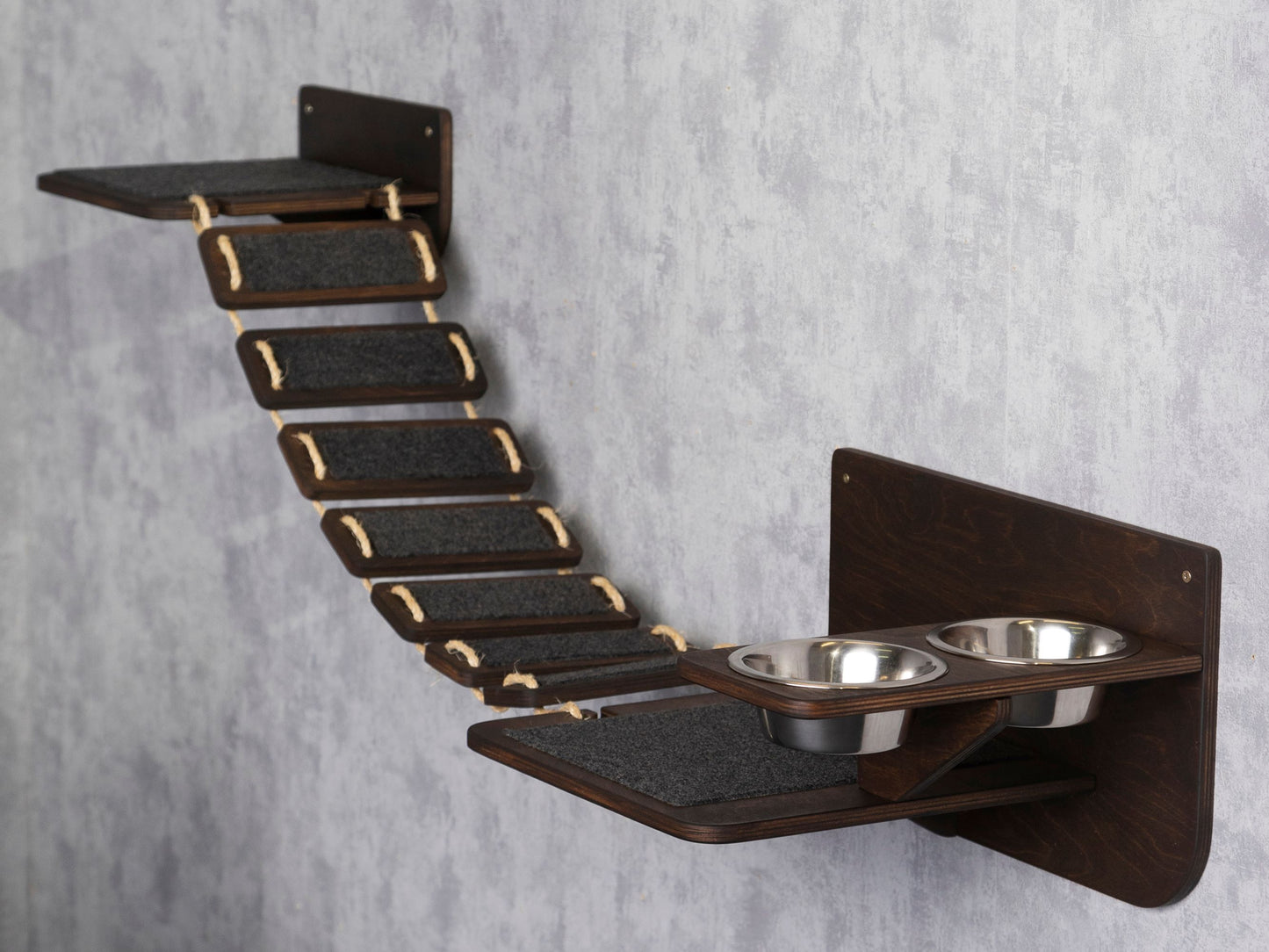 wood cat tower - slow feeder cat bowl, wall shelves, cat bridge