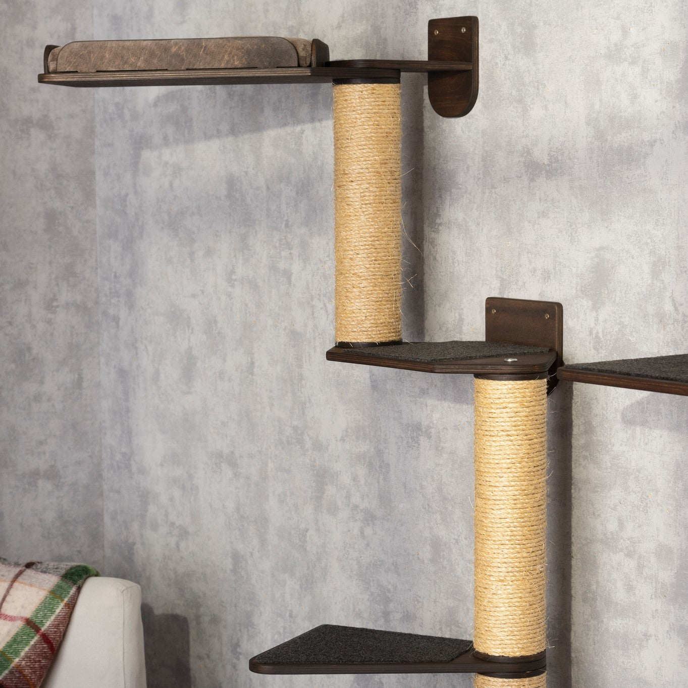 Multi-Level Cat Tree and Bed Combo with Stylish Shelves - Includes Built-in Cat Feeder