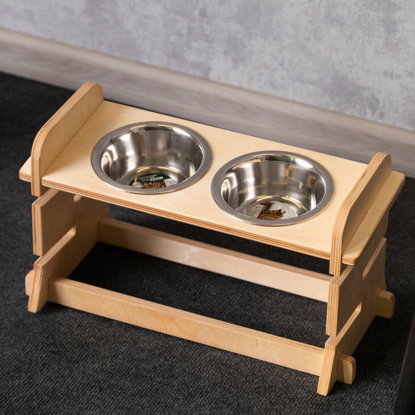 Modern Cat Feeder: Plywood Construction with Easy-to-Clean Stainless Steel Bowls