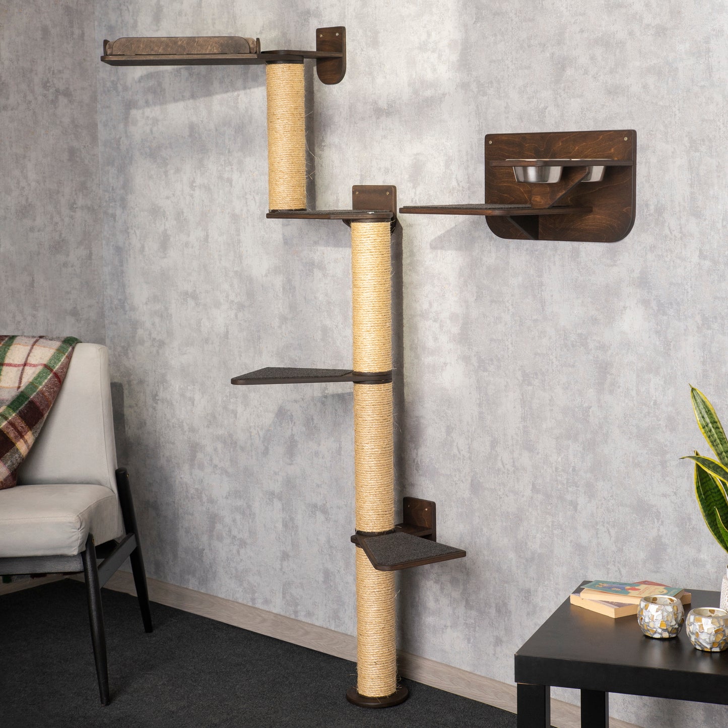 Multi-Level Cat Tree and Bed Combo with Stylish Shelves - Includes Built-in Cat Feeder