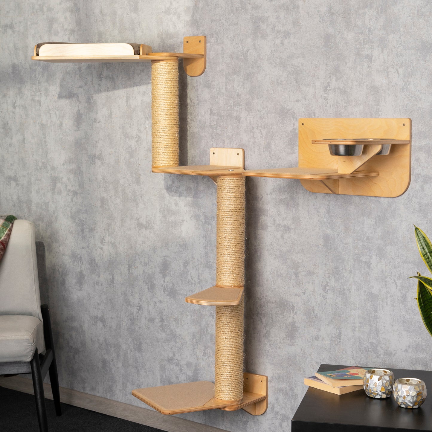 Cat Tree and Bed Combo with Stylish Shelves - Includes Built-in Cat Feeder