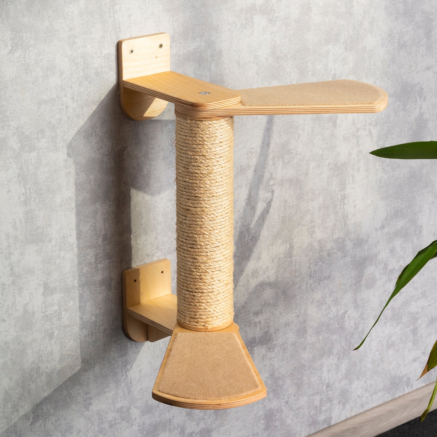 Handmade scratching post with built-in shelves