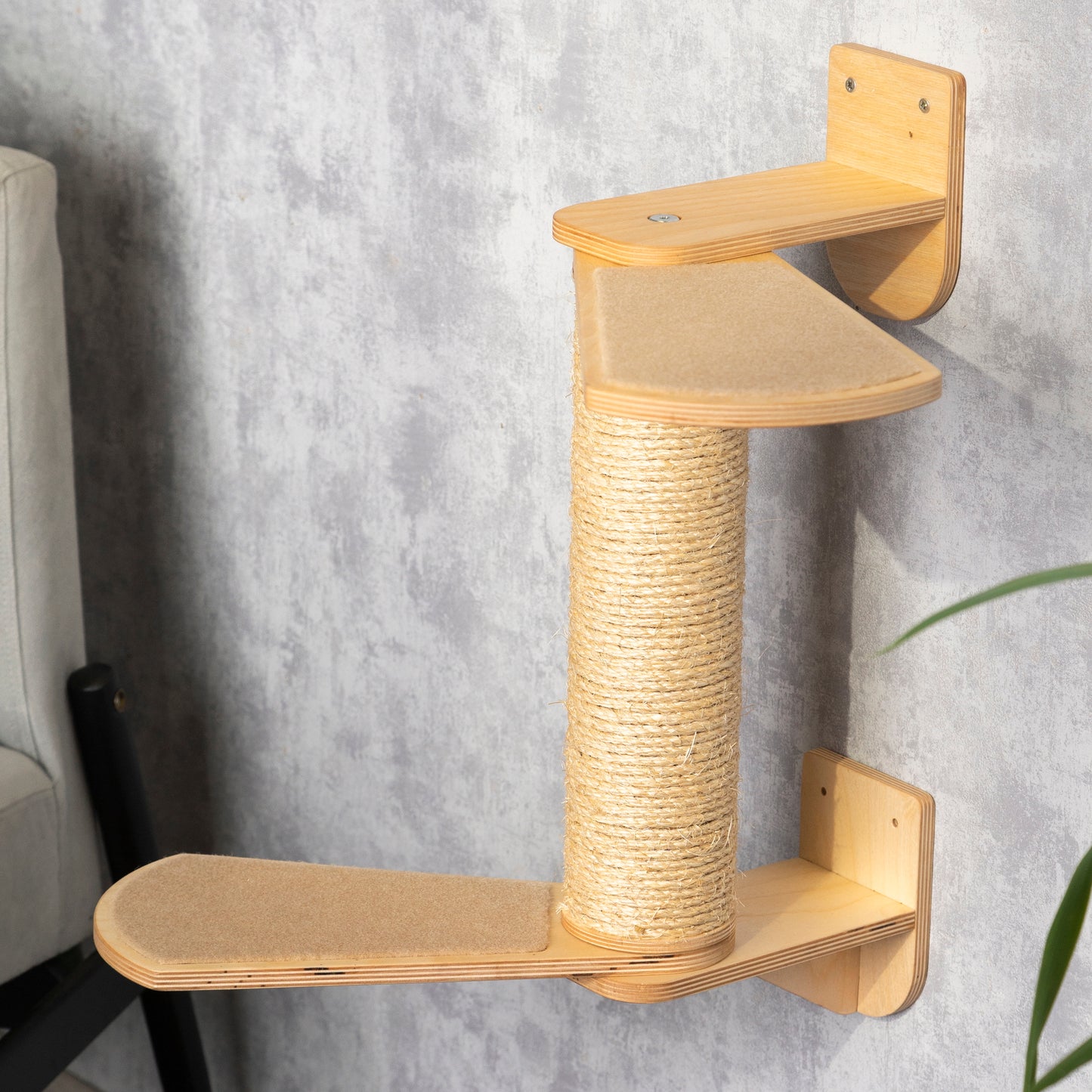 Handmade scratching post with built-in shelves