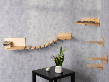 cat hammock, donut cat bed, cat steps for wall, wall shelves, cat bridge, cat feeding station, left bowl, color clear