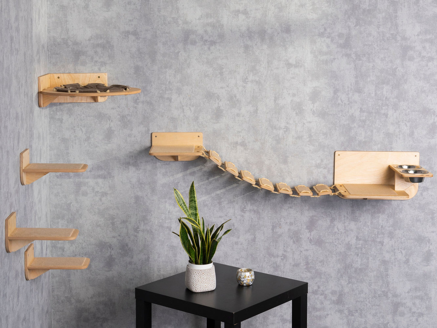 cat hammock, donut cat bed, cat steps for wall, wall shelves, cat bridge, cat feeding station. right bowl, color clear