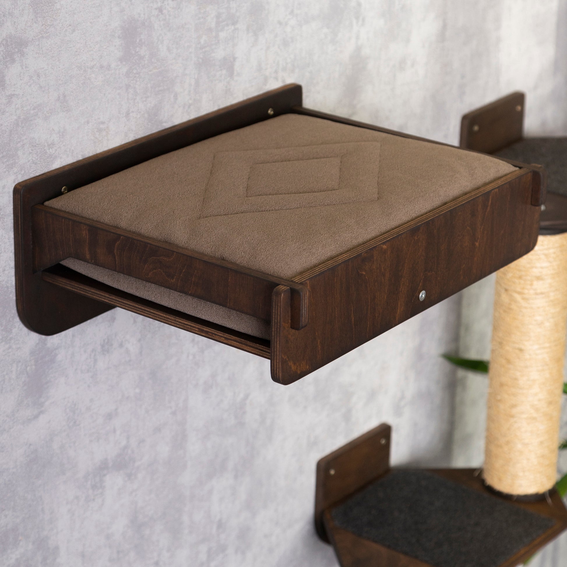 cat bed and cat pillow, elevated cat bed, wall shelves, color wenge