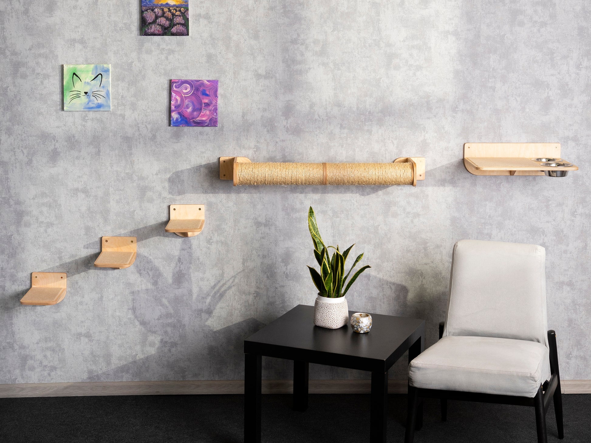 cat tower, slow feeder cat bowl, cat playground, cat steps for wall, cat scratcher post, right bowl