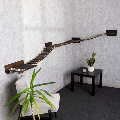 cat shelves wall, car bridge, cat feeder, left bowl