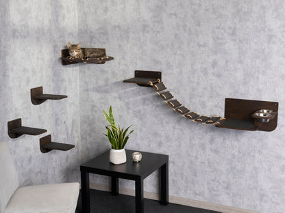 cat wall shelves, cat feeding station,  cat hammock, cat steps for wall, cat bridge, long shot