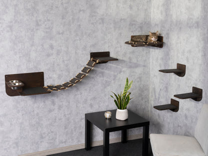 cat wall shelves, cat feeding station, cat hammock, cat steps for wall, cat bridge, left bowl, color wenge