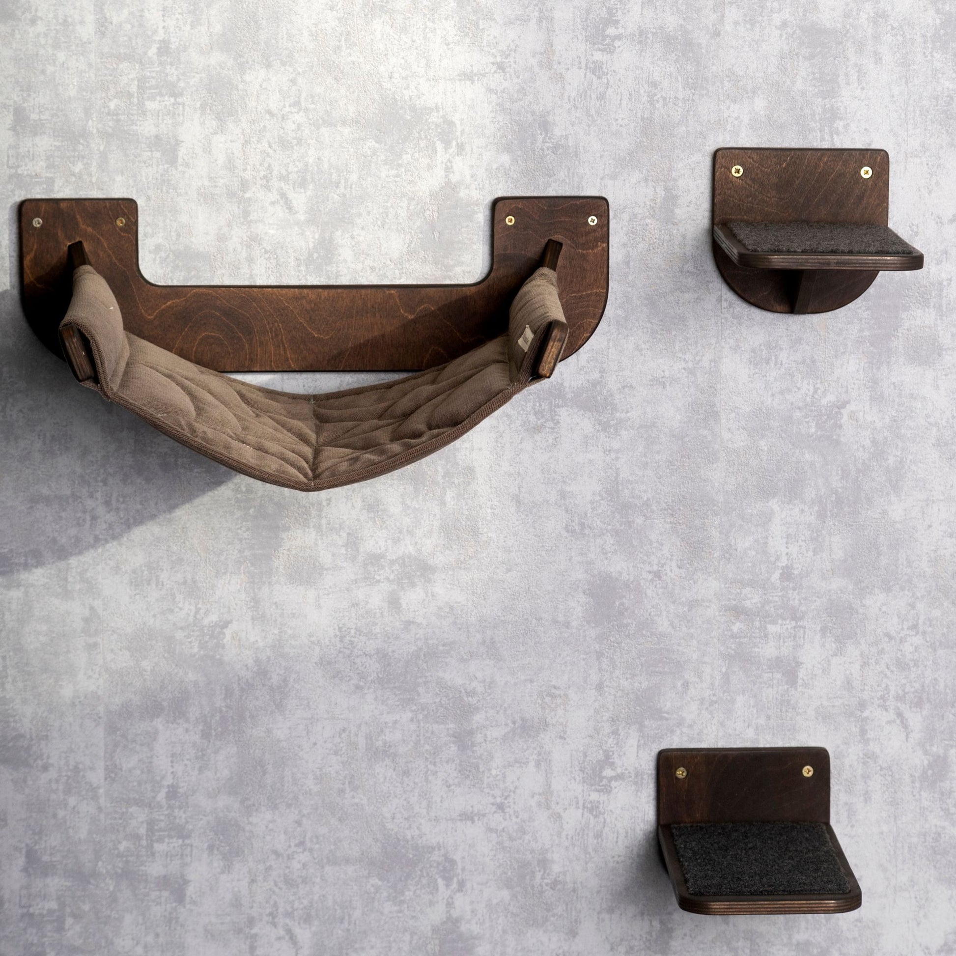 cat hammock, cat steps for wall, cat wall shelves, raised cat bed, color wenge