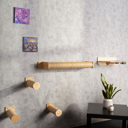 pet supplies, cat shelves wall, cat feeding station, cat walkway, cat steps for wall, cat scratch board, side view