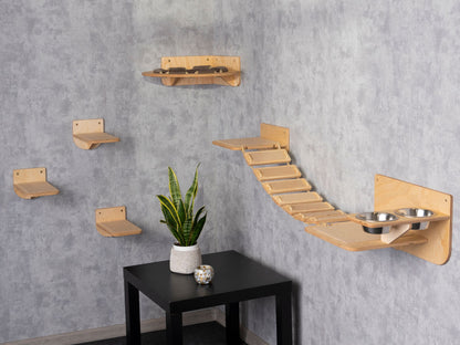modern cat furniture - cat hammock, best cat bed, cat steps for wall, wall shelves, cat bridge, cat feeding station, slow feeder cat bowl