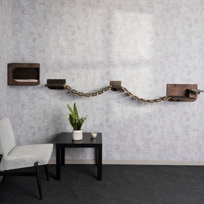 cat feeder,  cat house indoor, cat shelves for wall, cat bridge, right bowl, color wenge