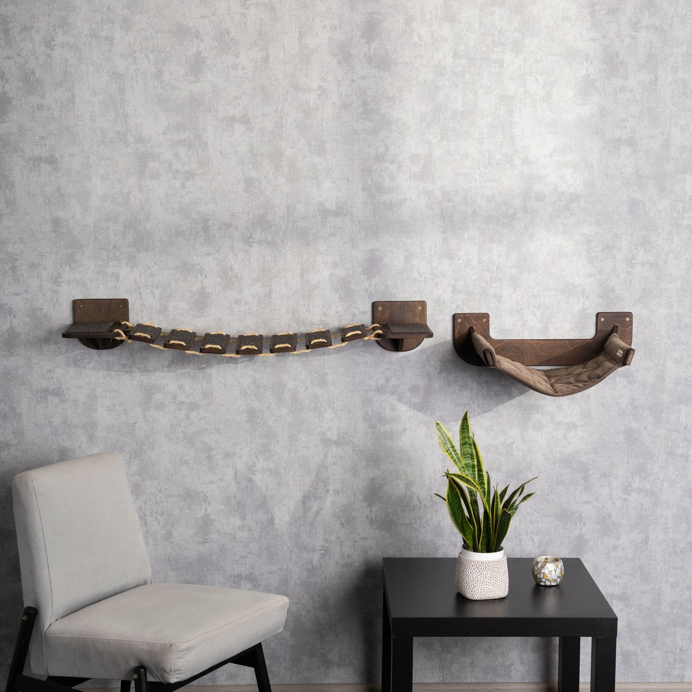 cat hammock, cat bridge, cat wall steps, front view, color wenge