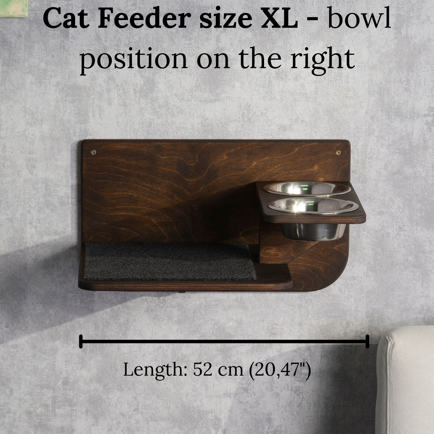 cat feeder, cat furniture wall, color wenge, size XL, front view, right bowl 
