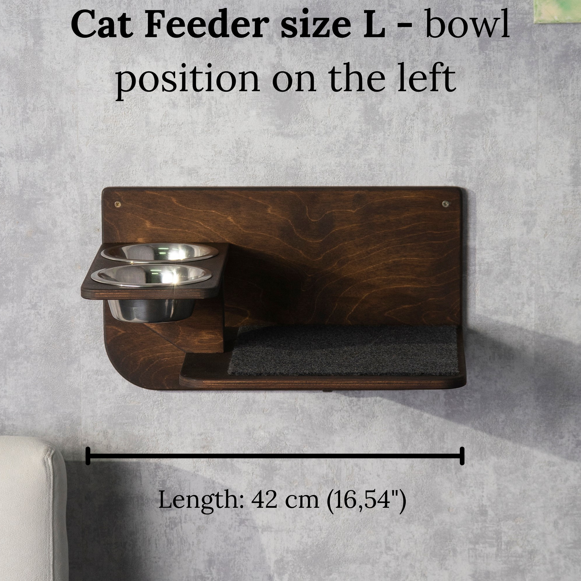 cat feeder, color wenge, size L, left bowl, front view 