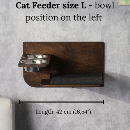 cat feeder, color wenge, size L, left bowl, front view 