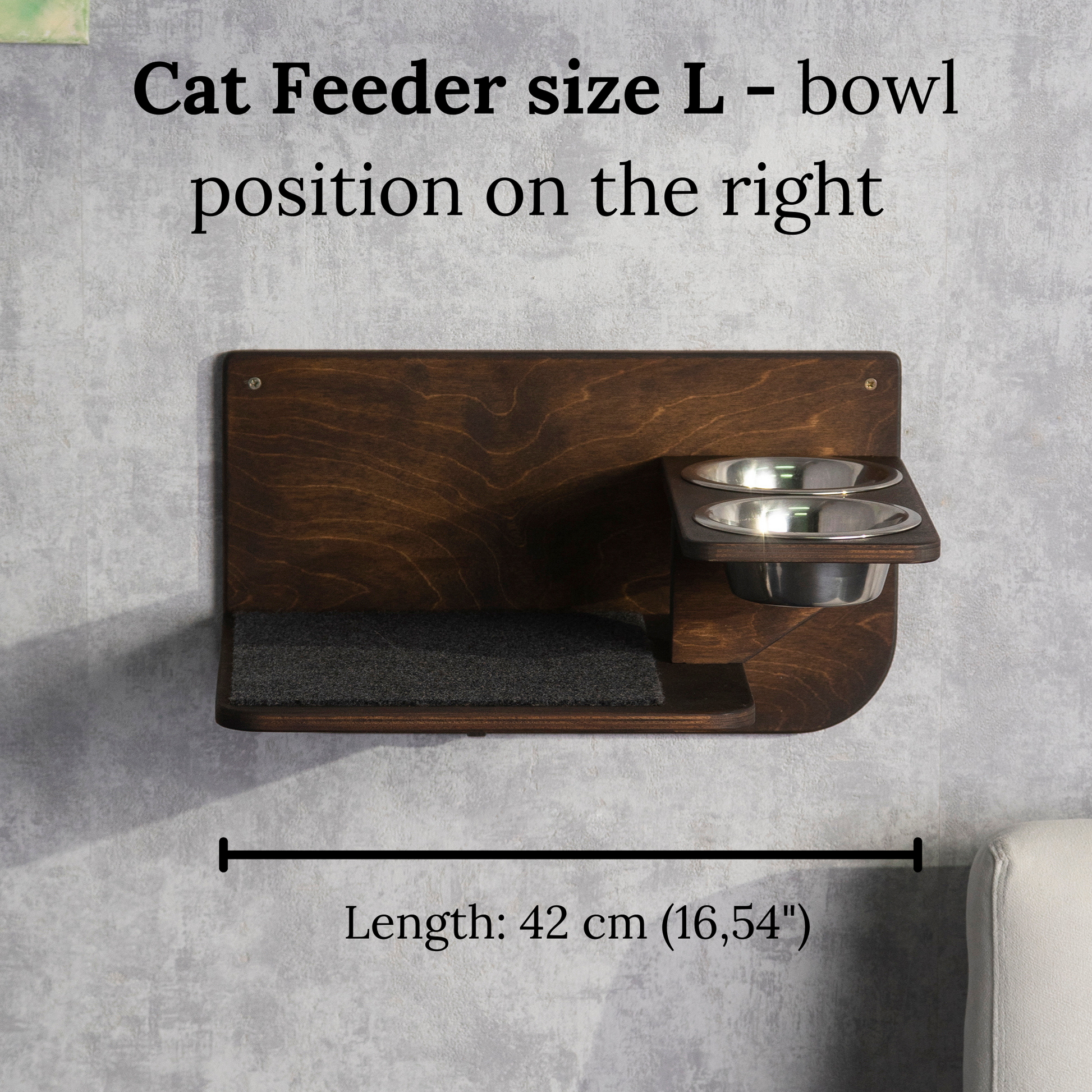 cat feeder, cat shelf for wall, color wenge, size L, front view, right bowl