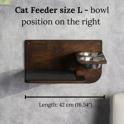 cat feeder, cat shelf for wall, color wenge, size L, front view, right bowl