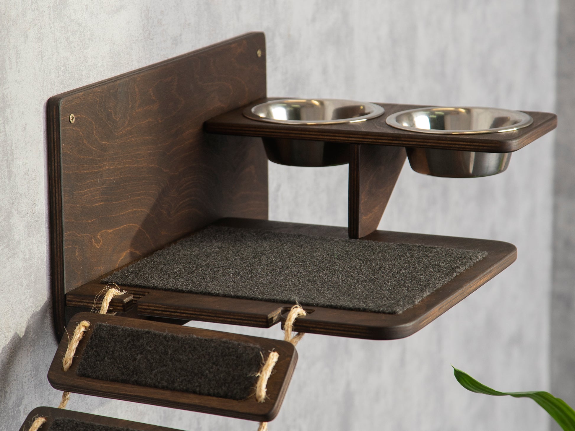 cat wall shelves, cat feeder, cat food and water dispenser, cat food bowl, side view